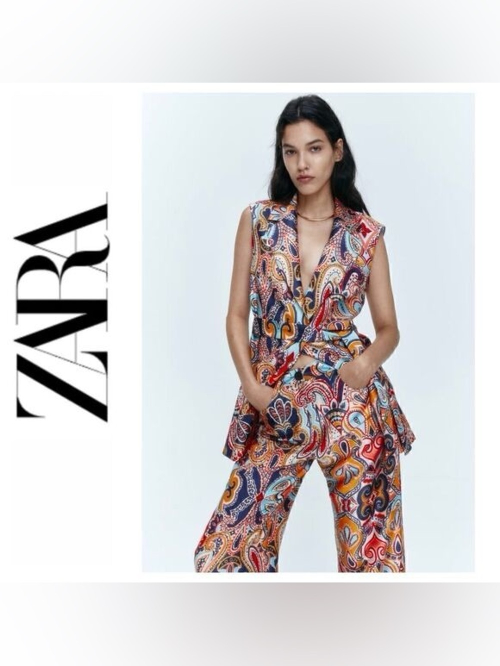Zara Multicolor Paisley Vest & Wide Leg Pants Set Size M Matching Co-Ord Outfit